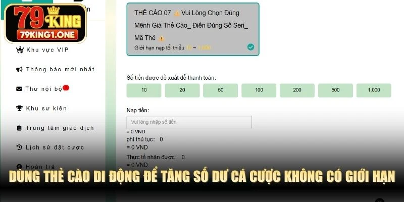 Dùng thẻ cào di động để tăng số dư cá cược không có giới hạn